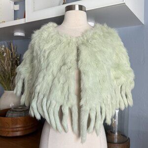 Vintage Bebe Y2K Mint Green Rabbit Fur Capelet Shawl Shrug Fringe M/L